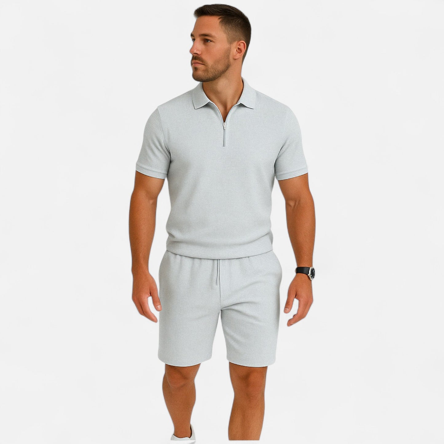 VelroisMode | Men's Waffle Knit Zip-Up Lapel Short Sleeve Suit & Shorts Set – Effortless Summer Sophistication