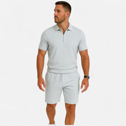 VelroisMode | Men's Waffle Knit Zip-Up Lapel Short Sleeve Suit & Shorts Set – Effortless Summer Sophistication