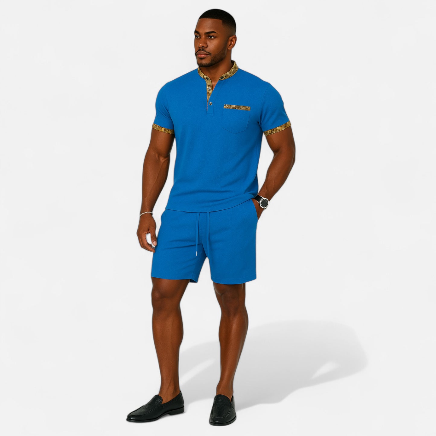 VelroisMode | Men's Waffle Knit Zip-Up Lapel Short Sleeve Suit & Shorts Set – Effortless Summer Sophistication