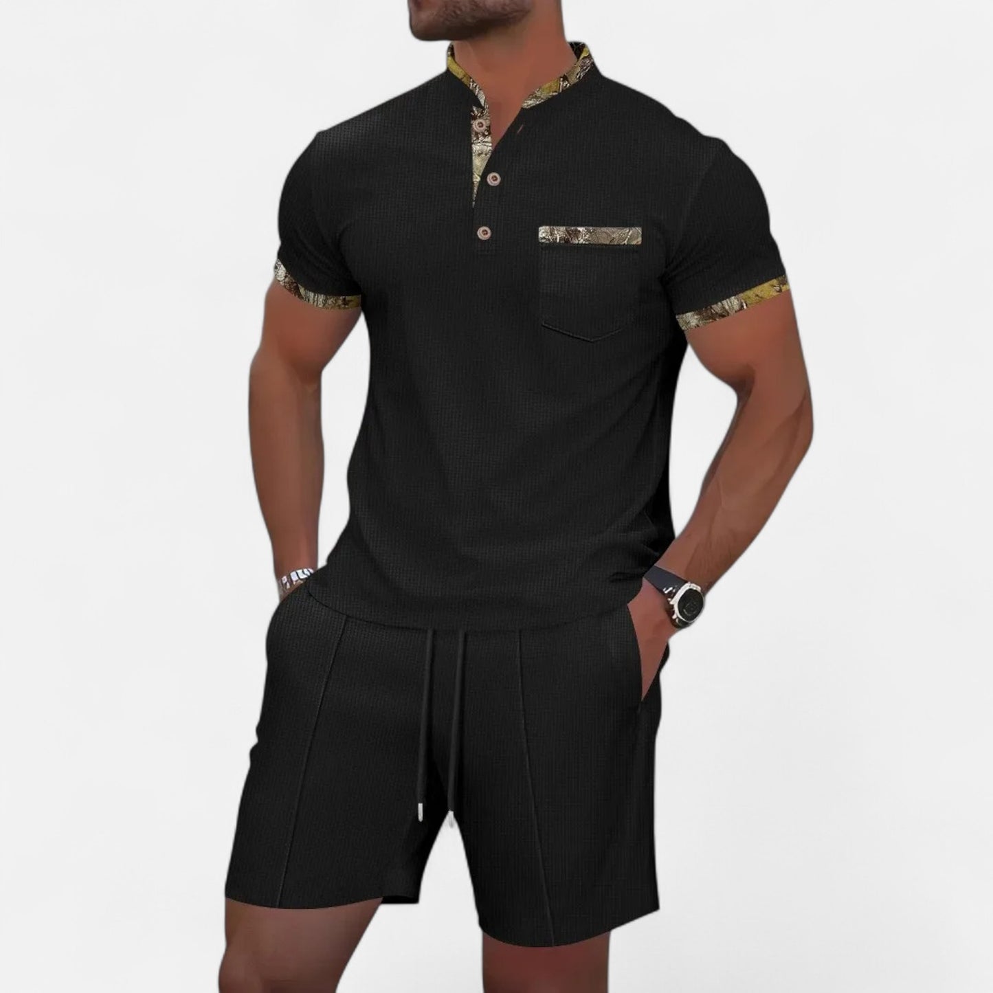 VelroisMode | Men's Waffle Knit Zip-Up Lapel Short Sleeve Suit & Shorts Set – Effortless Summer Sophistication