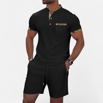 VelroisMode | Men's Waffle Knit Zip-Up Lapel Short Sleeve Suit & Shorts Set – Effortless Summer Sophistication
