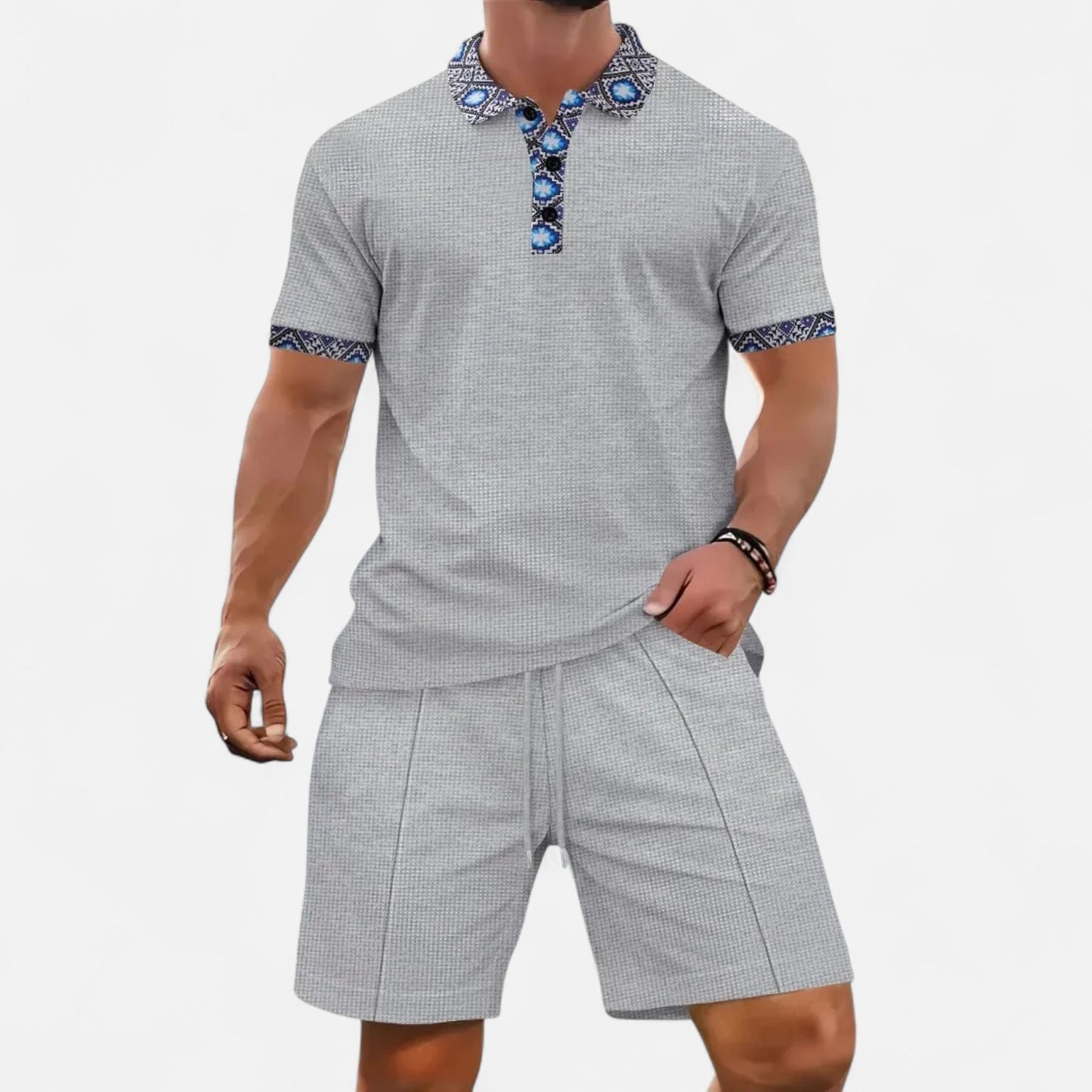 VelroisMode | Men's Waffle Knit Zip-Up Lapel Short Sleeve Suit & Shorts Set – Effortless Summer Sophistication
