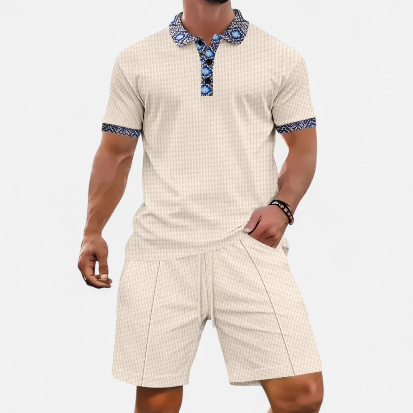 VelroisMode | Men's Waffle Knit Zip-Up Lapel Short Sleeve Suit & Shorts Set – Effortless Summer Sophistication