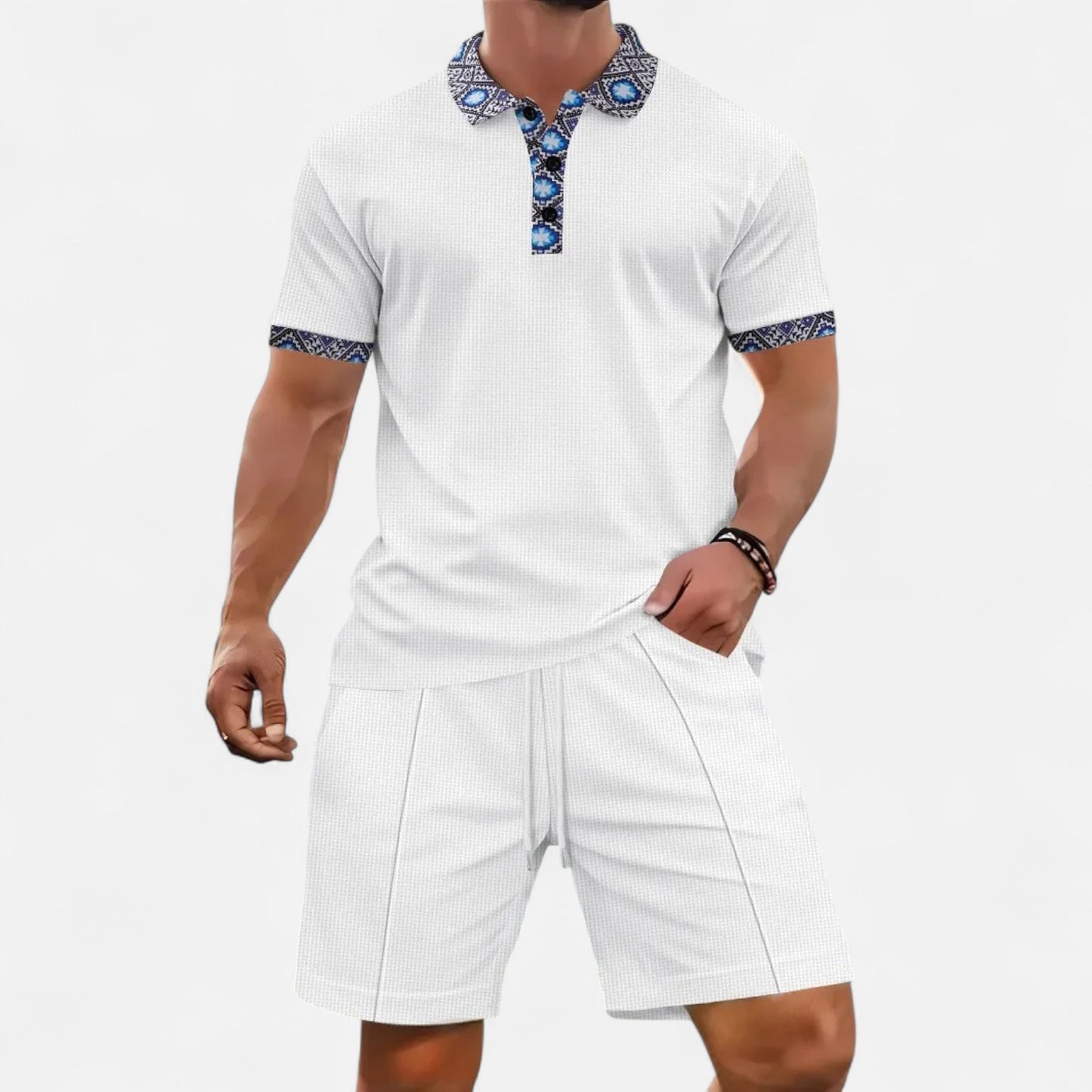 VelroisMode | Men's Waffle Knit Zip-Up Lapel Short Sleeve Suit & Shorts Set – Effortless Summer Sophistication