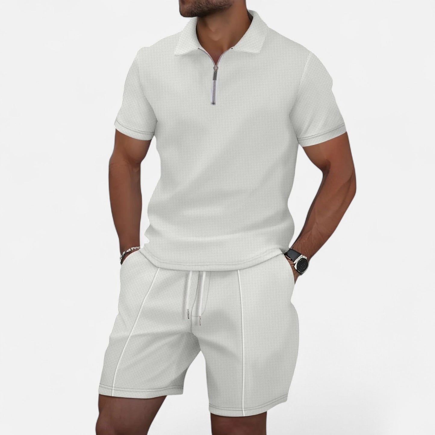 VelroisMode | Men's Waffle Knit Zip-Up Lapel Short Sleeve Suit & Shorts Set – Effortless Summer Sophistication