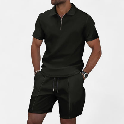 VelroisMode | Men's Waffle Knit Zip-Up Lapel Short Sleeve Suit & Shorts Set – Effortless Summer Sophistication