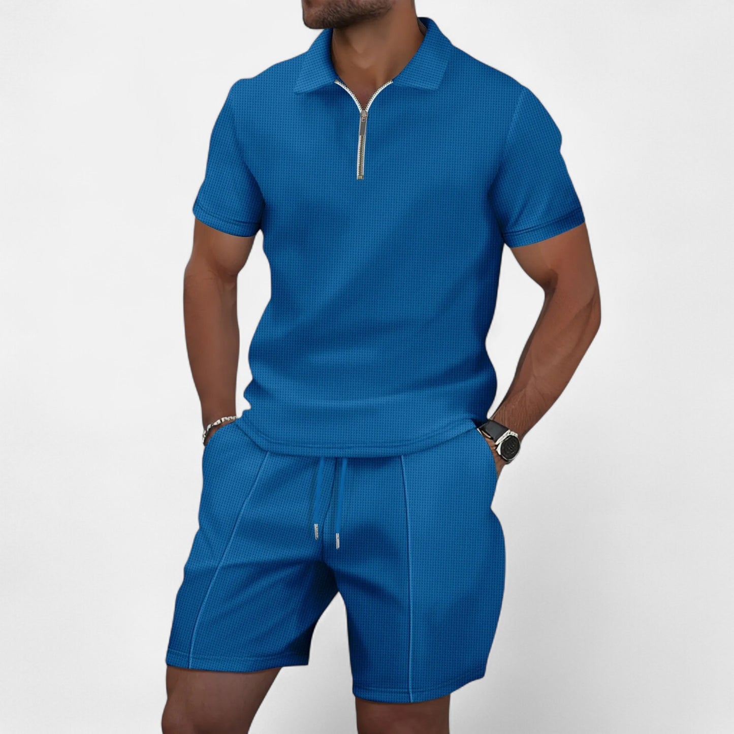 VelroisMode | Men's Waffle Knit Zip-Up Lapel Short Sleeve Suit & Shorts Set – Effortless Summer Sophistication