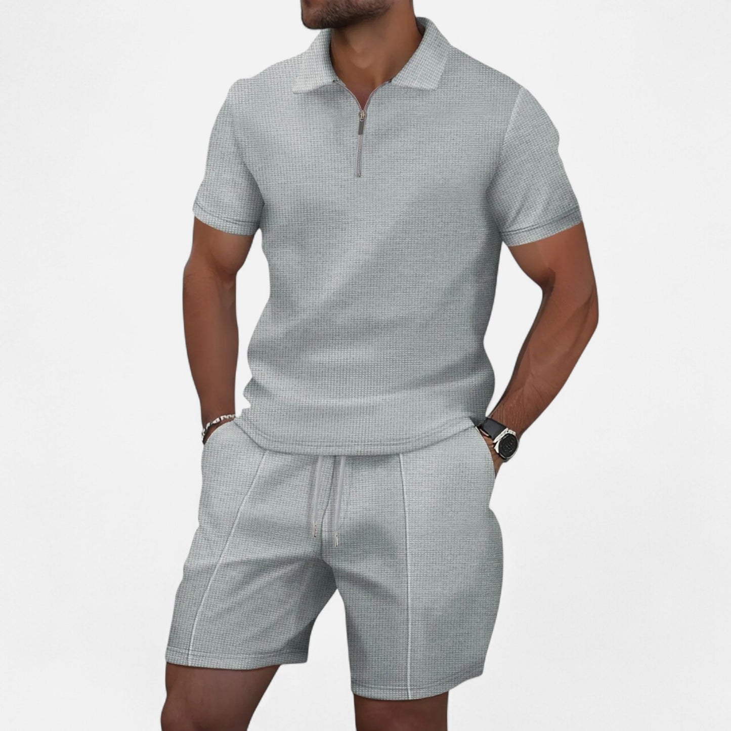 VelroisMode | Men's Waffle Knit Zip-Up Lapel Short Sleeve Suit & Shorts Set – Effortless Summer Sophistication