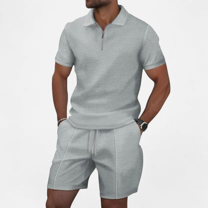 VelroisMode | Men's Waffle Knit Zip-Up Lapel Short Sleeve Suit & Shorts Set – Effortless Summer Sophistication