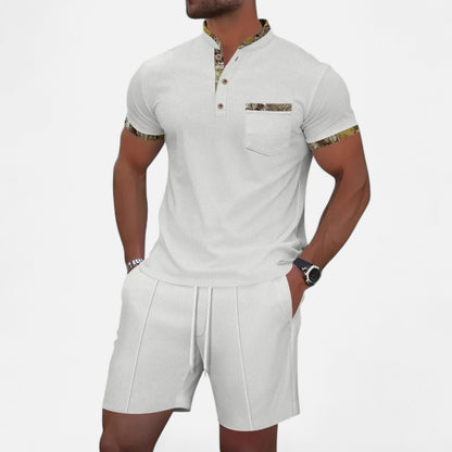 VelroisMode | Men's Waffle Knit Zip-Up Lapel Short Sleeve Suit & Shorts Set – Effortless Summer Sophistication
