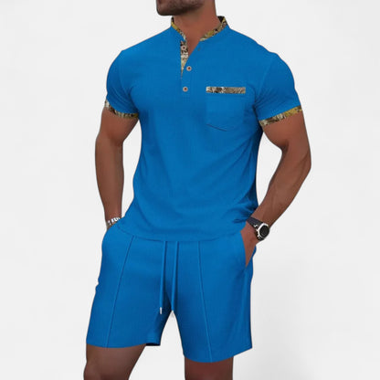 VelroisMode | Men's Waffle Knit Zip-Up Lapel Short Sleeve Suit & Shorts Set – Effortless Summer Sophistication