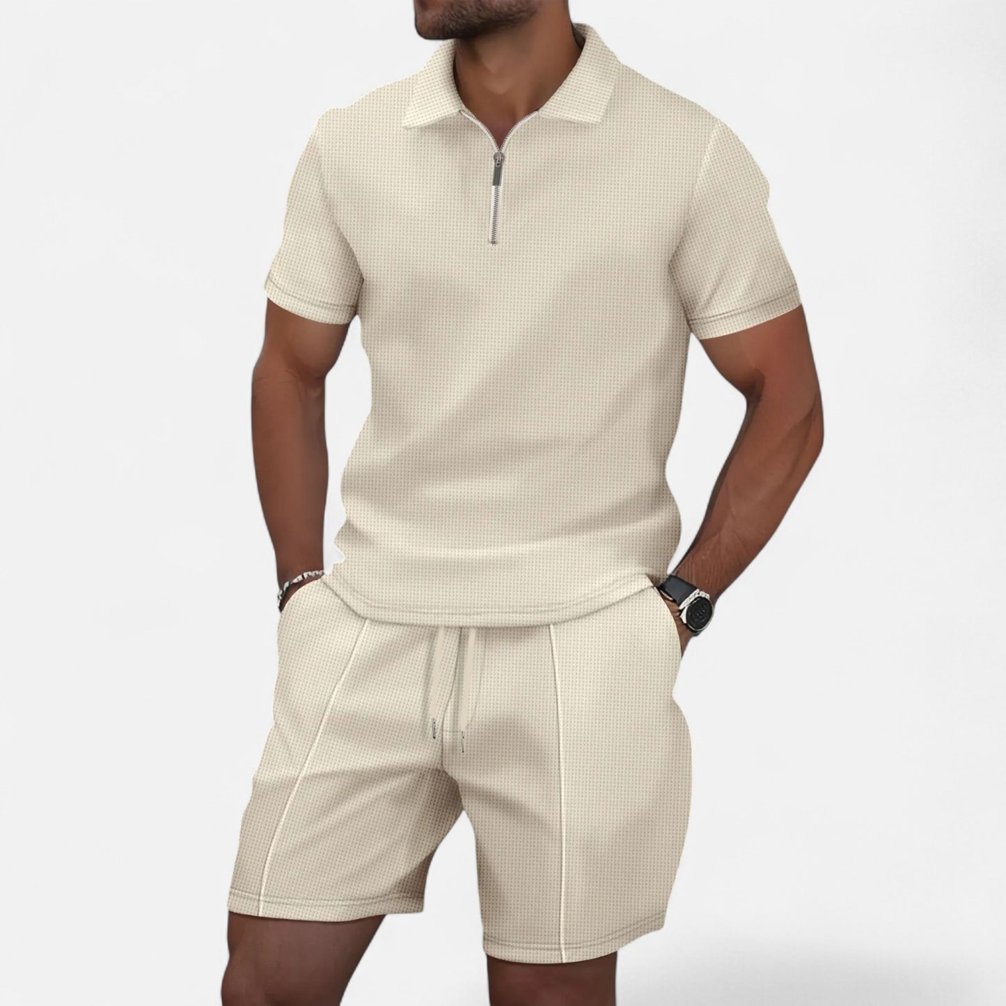 VelroisMode | Men's Waffle Knit Zip-Up Lapel Short Sleeve Suit & Shorts Set – Effortless Summer Sophistication