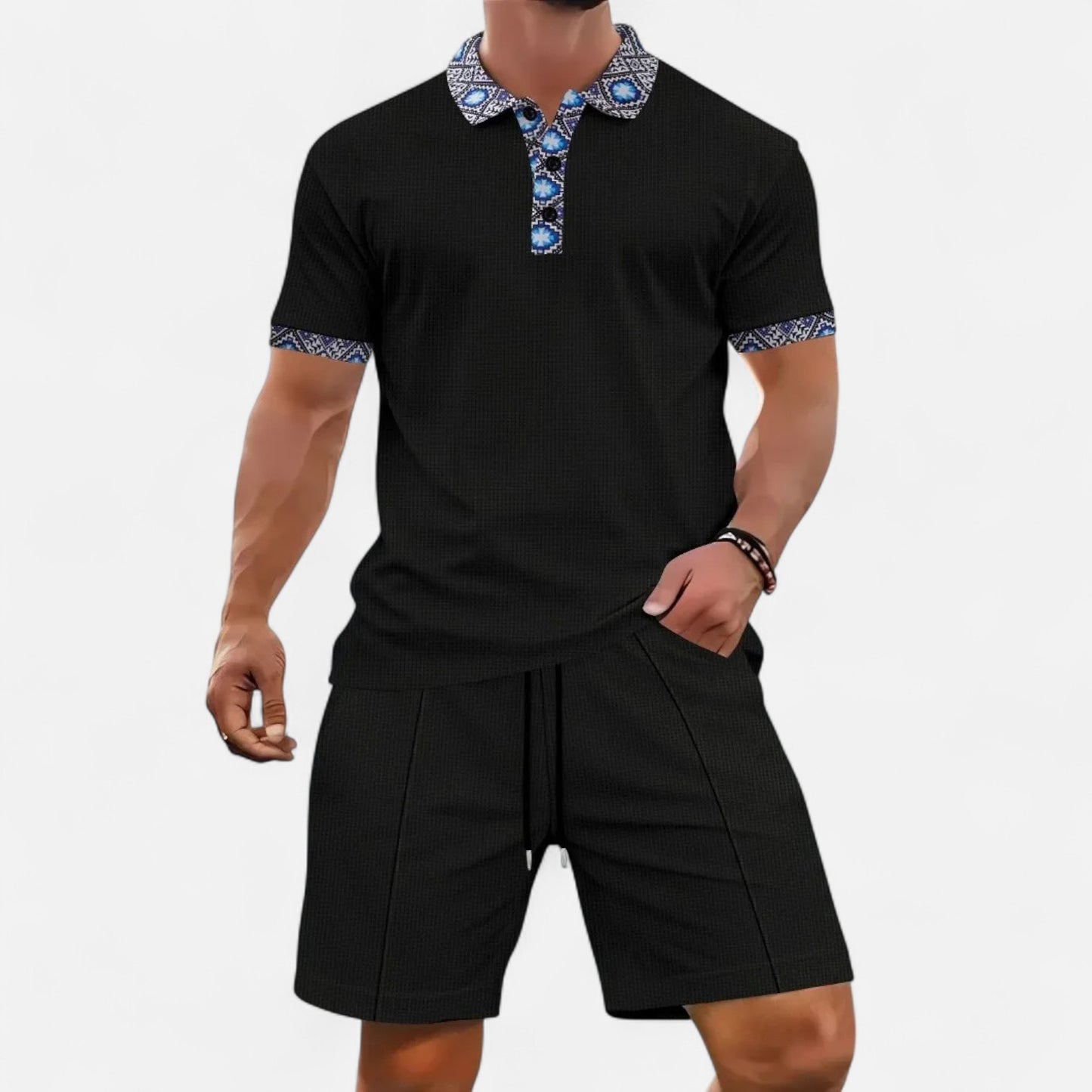 VelroisMode | Men's Waffle Knit Zip-Up Lapel Short Sleeve Suit & Shorts Set – Effortless Summer Sophistication